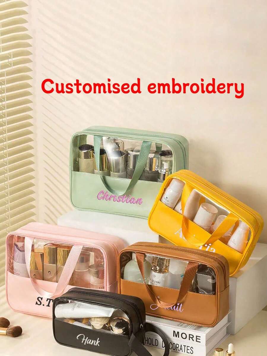 Embroidery Custom Personalized Embroidery Stitched Makeup Bag PVC Semi Transparent Large Capacity Bath Bag PU Waterproof Portable Travel Storage Large Capacity Handbag Anniversary Gift, Birthday Gift, Mother's Day Gift, Father's Day Gift, Friend Gift, Gift For Mom/Dad, Gift For Her/Him, Gift For Girlfriend/Boyfriend/Friend