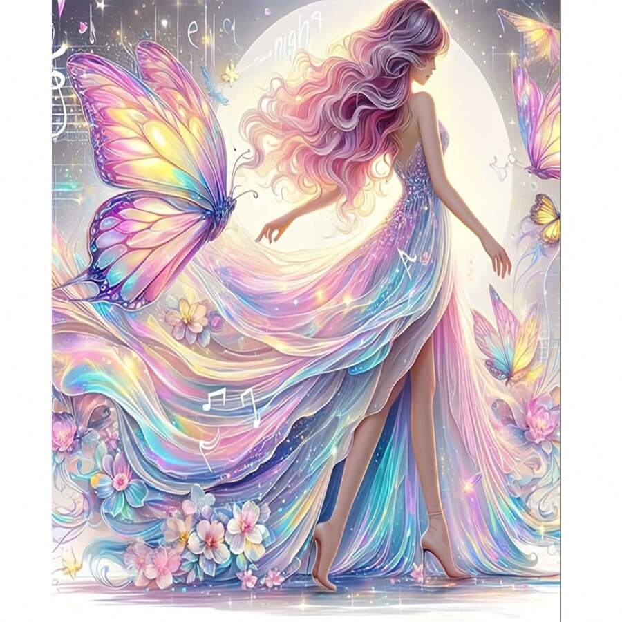 Round Diamond Painting Kit - Butterfly Princess And Floral Fantasy - Full Drill Canvas Art Craft Suitable For Home Wall Decor, DIY Mosaic Jewel Art For Adults And Beginners