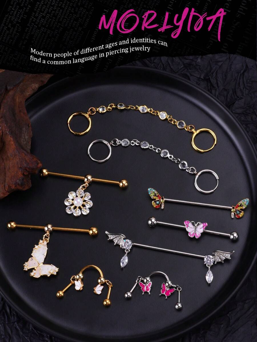 1 peça Y2k Multiuso Industrial Brinco Borboleta Industrial Piercing Jóias Aço Inoxidável Strass Decoração Asas Industrial Brincos Para Mulheres Homens Coração Arco Industrial Bar Piercing Nariz Anel Corrente Cartilagem Hélice Piercing Brincos Flor Industrial Barbell Body Piercing Jóias 38mm 1&1/2 Polegada Industrial Piercing Bar Para Natal Halloween Presente Festa Uso Diário Noite Fora Reuniões Sociais Uso Diário
