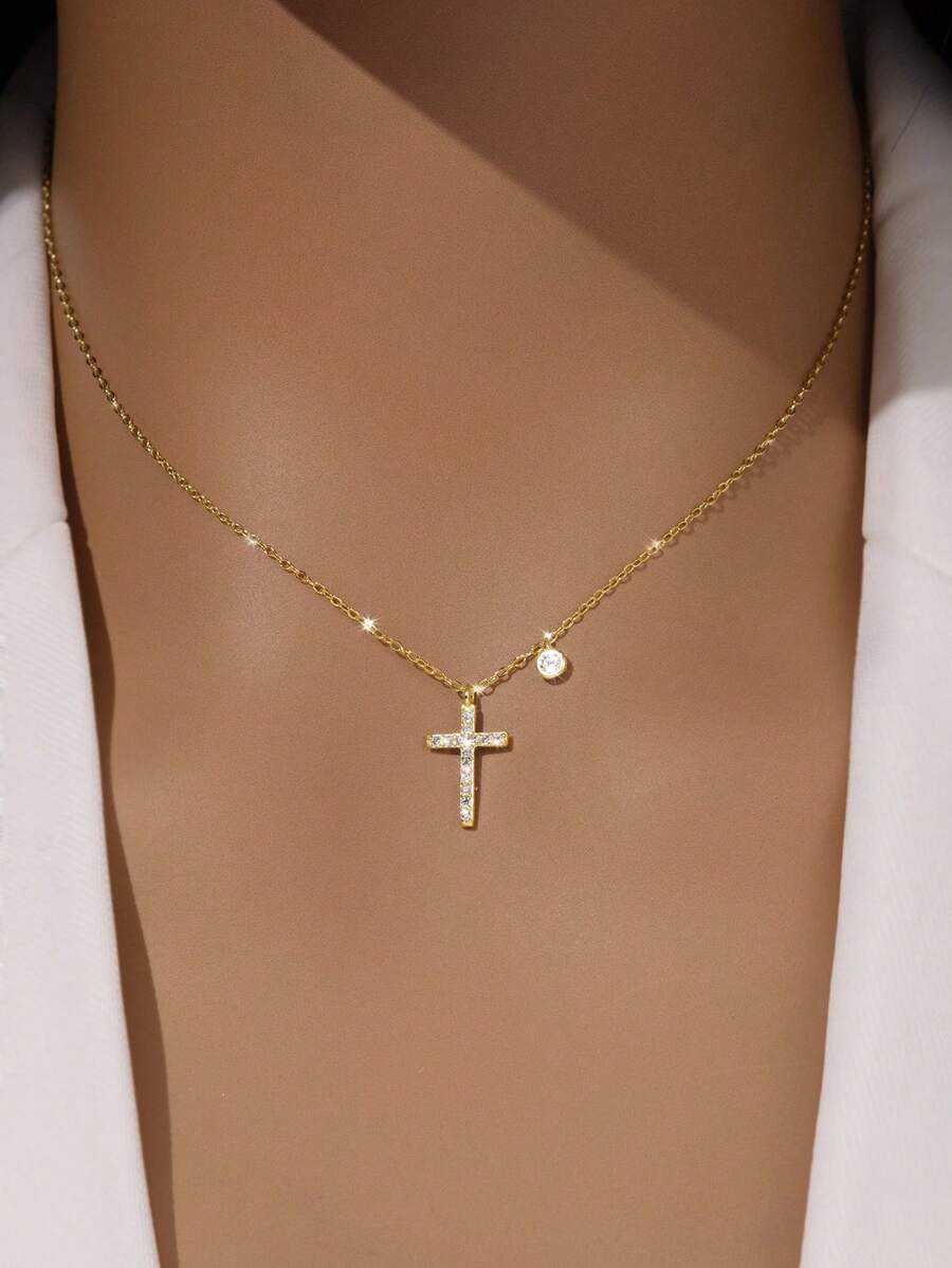 ELSEDES 1 pièce Collier croix en argent sterling S925 de style minimaliste à la mode avec incrustation de pierres de style vintage, convient pour le port quotidien des femmes
