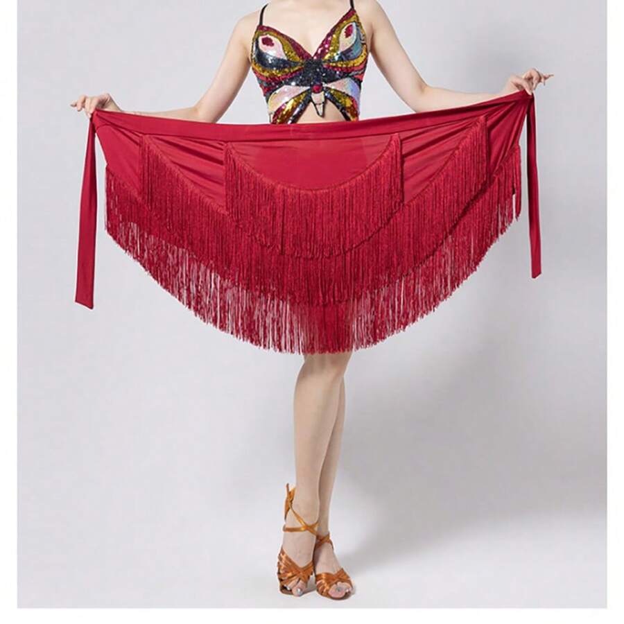 Frauen Tanzröcke Ballroom Latin Tanzkleid Tango Tanzrock Schürze mit Quasten, Tanzübungs- und Auftritts-Hüftschal