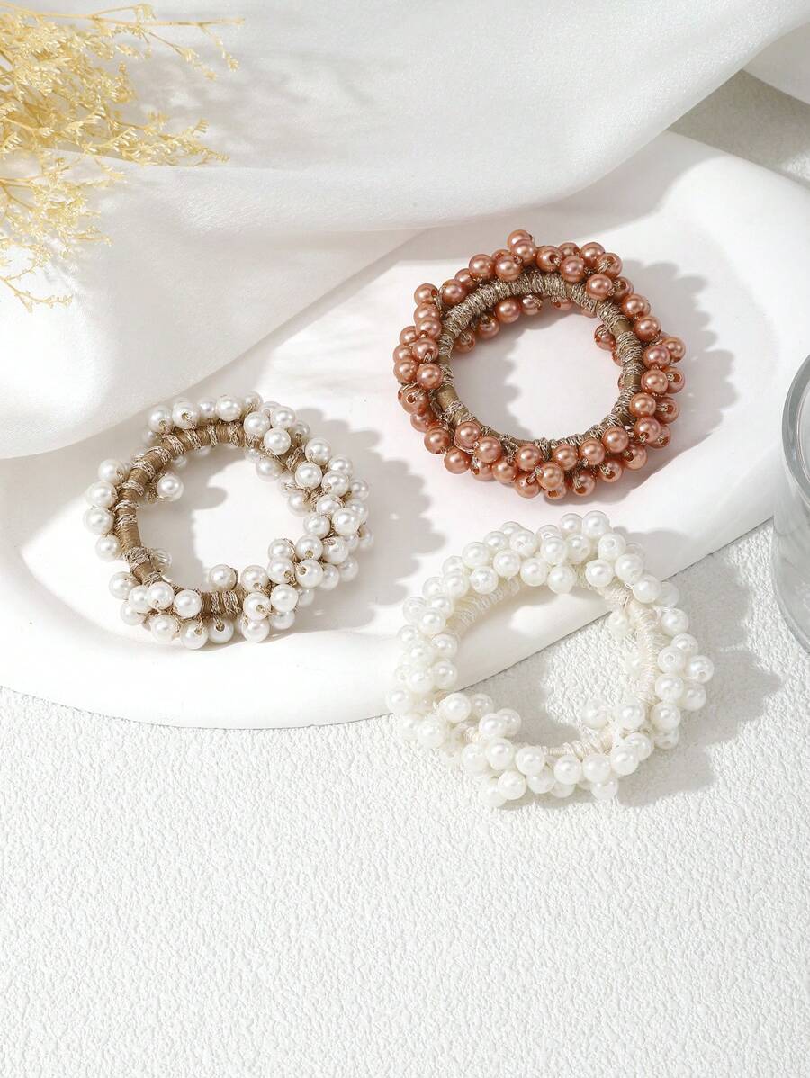 3pcs Simple Beaded Hair Ties And Pearl Hair Ties For Daily Use Elegant