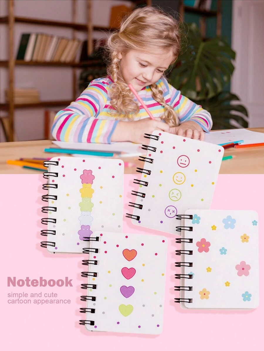 1 pieza/4 piezas Cuaderno adorable, memo espiral, diario de aprendizaje Kawaii y páginas en blanco para notas, cuadernos con patrones de flor, amor y oso, regalos para niños, útiles escolares para maestros, regalos o premios para fiestas de niños, regalos de Navidad y Año Nuevo, pequeños y fáciles de guardar y llevar al aire libre, registro rápido (80 hojas, 160 páginas), cuaderno miniatura adorable, pequeños cuadernos de notas, diarios para niños