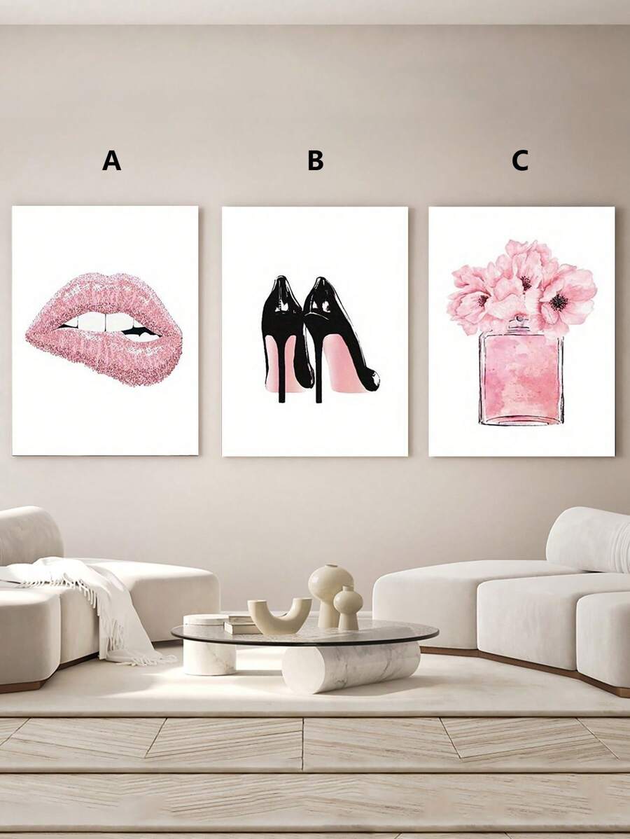 1/3pcs Parisian Love & Fashion Canvas Art Set - Waterproof, Wooden Framed Posters With Lips, Perfume & Pink High Heels Designs For Bedroom, Living Room, Office Decor,Wall Art Gifts Birthday Graduation