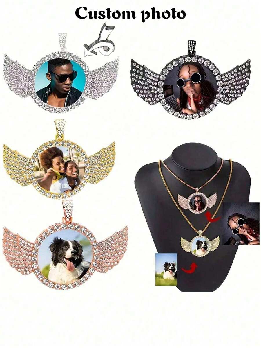 1pc Custom Photo Circular Necklace With Chain, Vintage Boho Style, Rhinestone Wing Frame Pendant, Personalized Photo Album Necklace Jewelry Gift