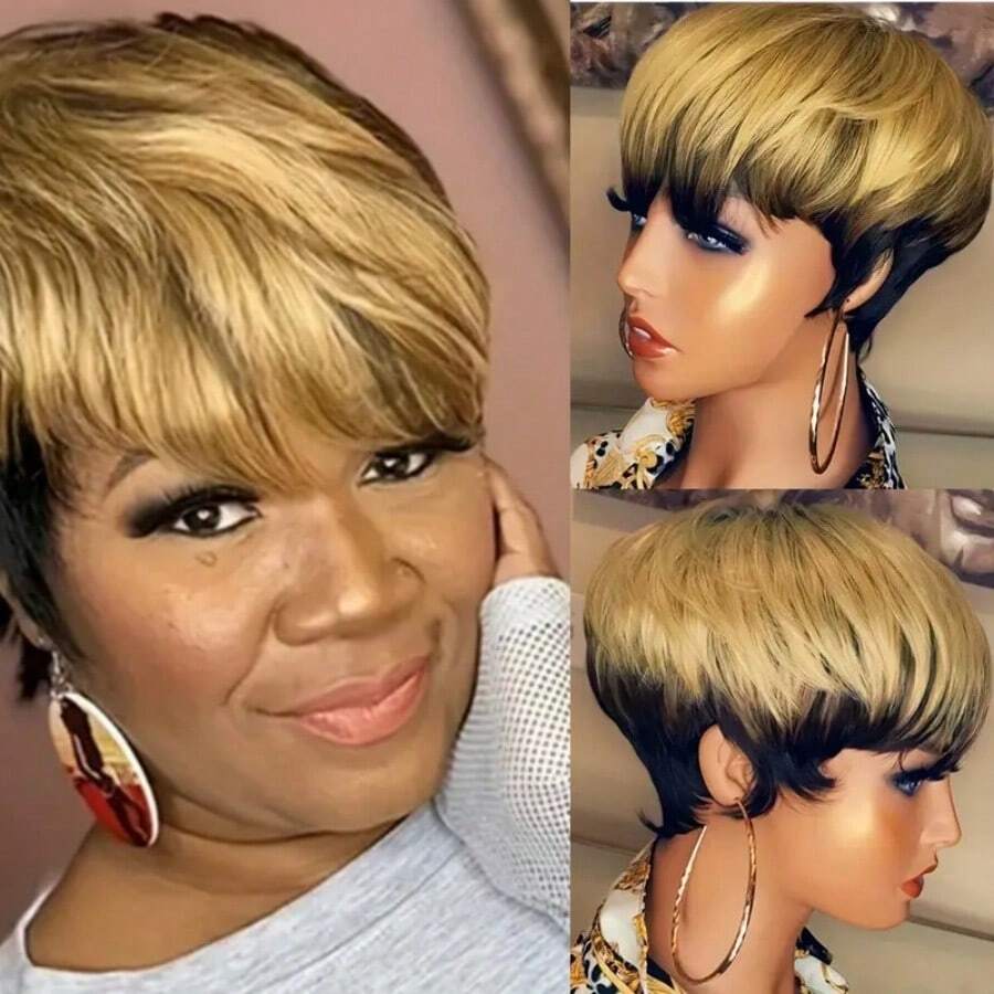 Perruque à coupe pixie courte de 6 pouces 100% cheveux humains pour femmes, cheveux en couches avec frange, perruque à coupe entièrement réalisée à la machine