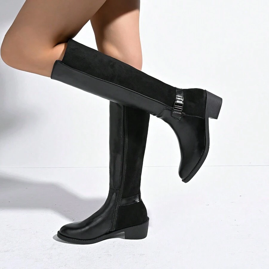 Women's Black Fashion Comfortable Pointed Toe Patchwork Embellished Side Zipper Chunky Heel Knee High Boots, Party & Daily Wear