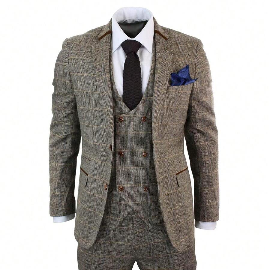Mens 3 Piece Tan Herringbone Tweed Check Suit