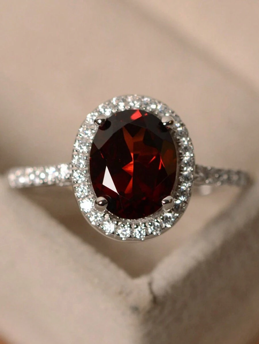 1pc Elegant Oval-Cut Ruby Red Shiny Rhinestone Promise Ring, Jewelry Gift For Bride Wedding Anniversary Party Decoration