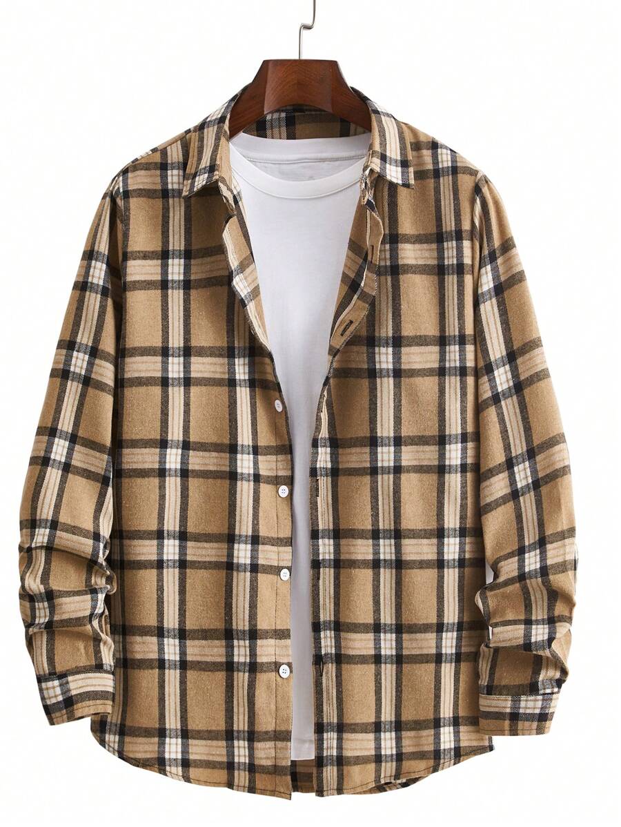 Men's Button Front Long Sleeve Plaid Collared Casual Shirt