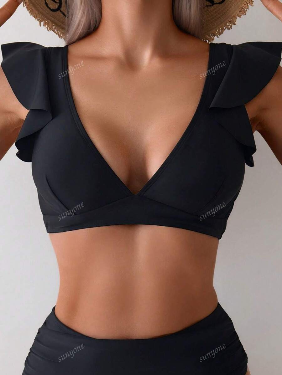 1pc Women's Solid Color Minimalist V-Neck Ruffle Bikini Top, Casual Vacation Summer