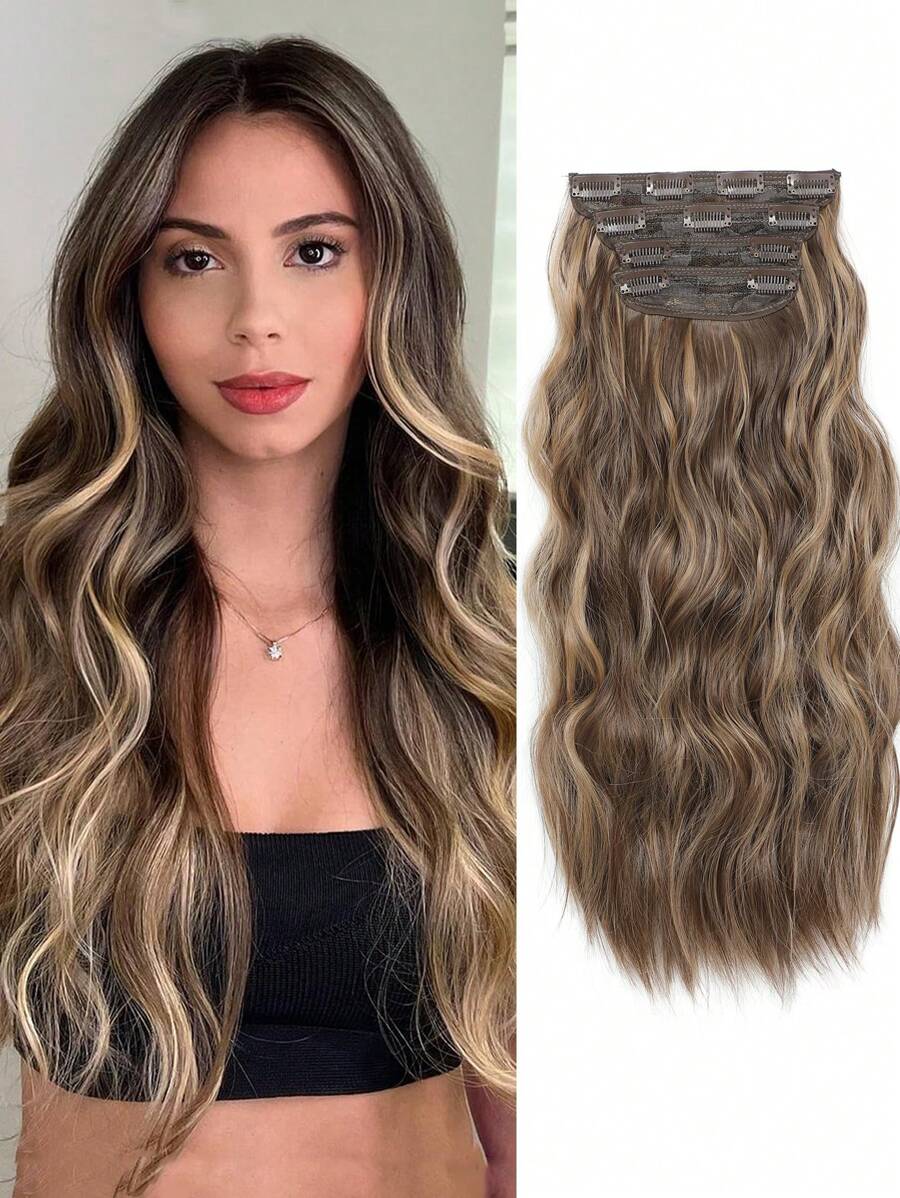 Clip In Long Wavy Synthetic Hair Extension 20 Inch 4PCS Light Brown Highlights Hair Extension Long Wavy Full Head Clip In Hair Extension Synthetic Fiber Hair Pieces For Women