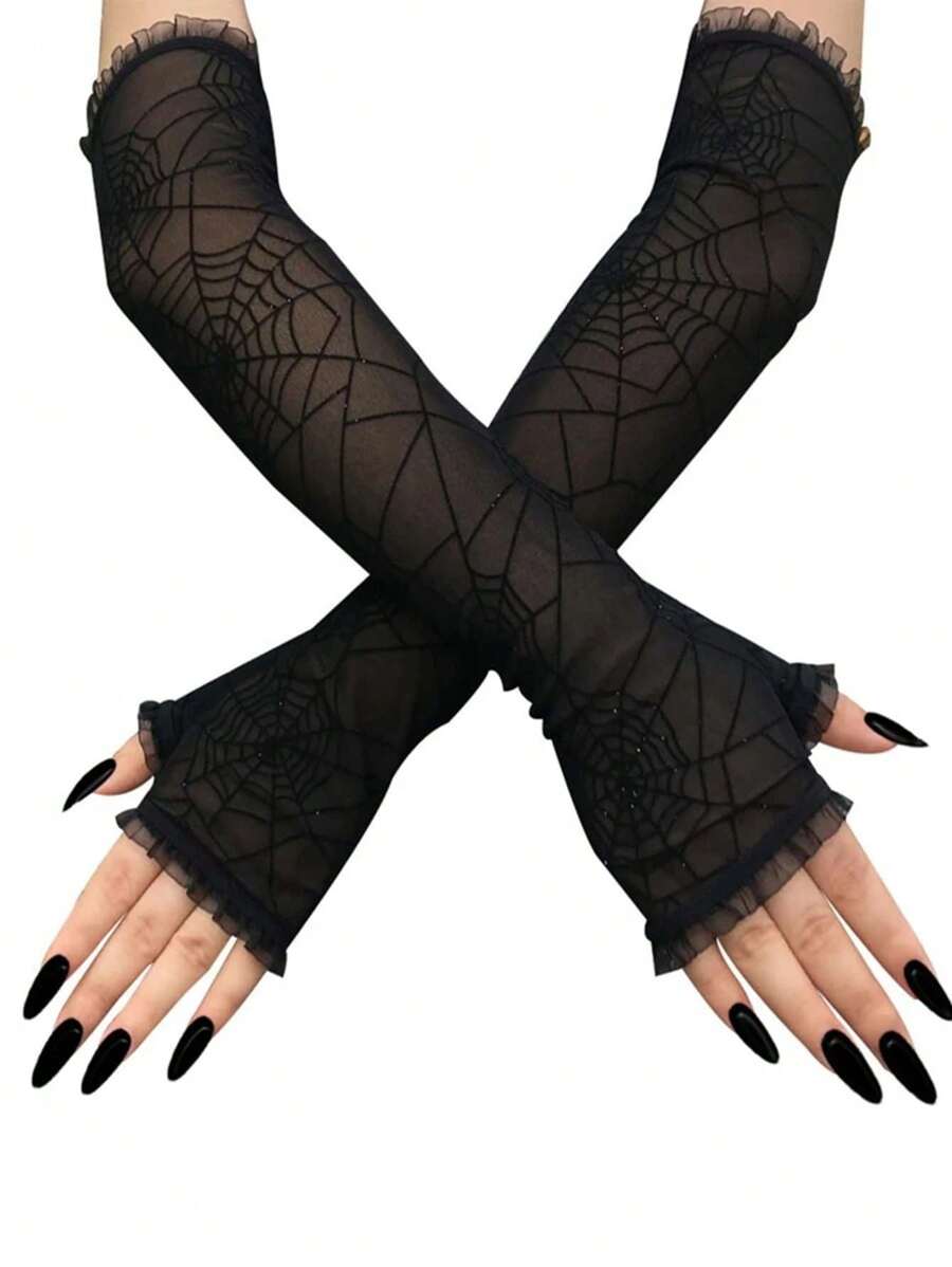 2 bucăți/Set Mănuși fără degete cu design web de păianjen, mănuși de dantelă de performanță de petrecere pentru Cosplay, recuzită pentru bal mascat, recuzită pentru jocuri de rol, decor de vacanță