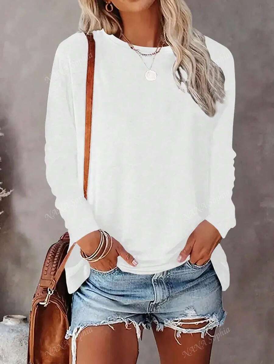 Maglietta casual a maniche lunghe da donna, top girocollo tinta unita, rifiniture al collo raffinate, adatta per primavera/autunno