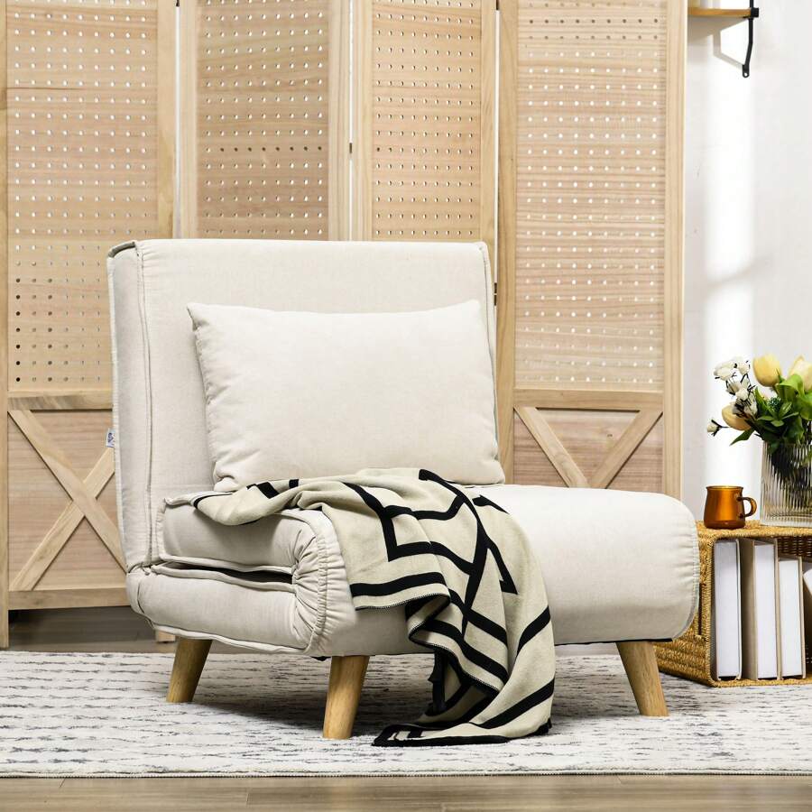 HOMCOM Divano Letto 2 Posti con Schienale Regolabile in 5 Livelli, Divano Letto Matrimoniale Pieghevole con 2 Cuscini per Soggiorno, in Tessuto Imbottito, Acciaio e Legno, 102x73x81 cm, Bianco Crema