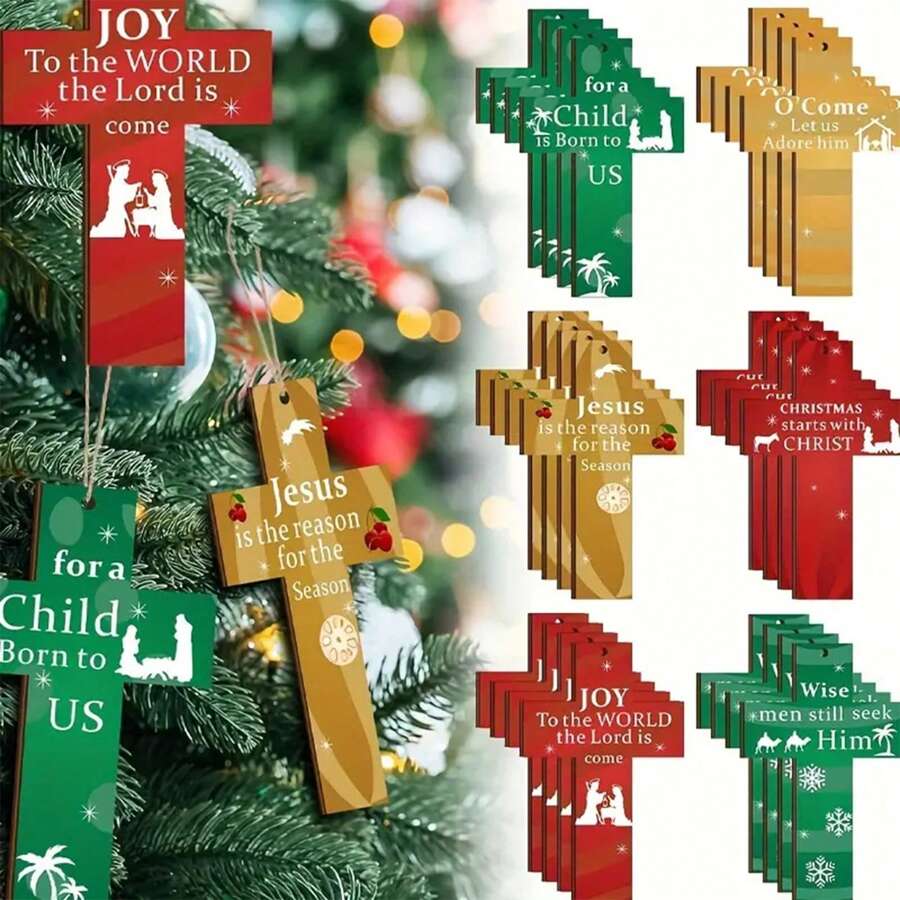 24 stuks hangende houten kruisdecoratie houten kruis kerststal ornament cadeau voor kerstmis familie en buiten, kerstdecoratie buiten, kerstcadeaus
