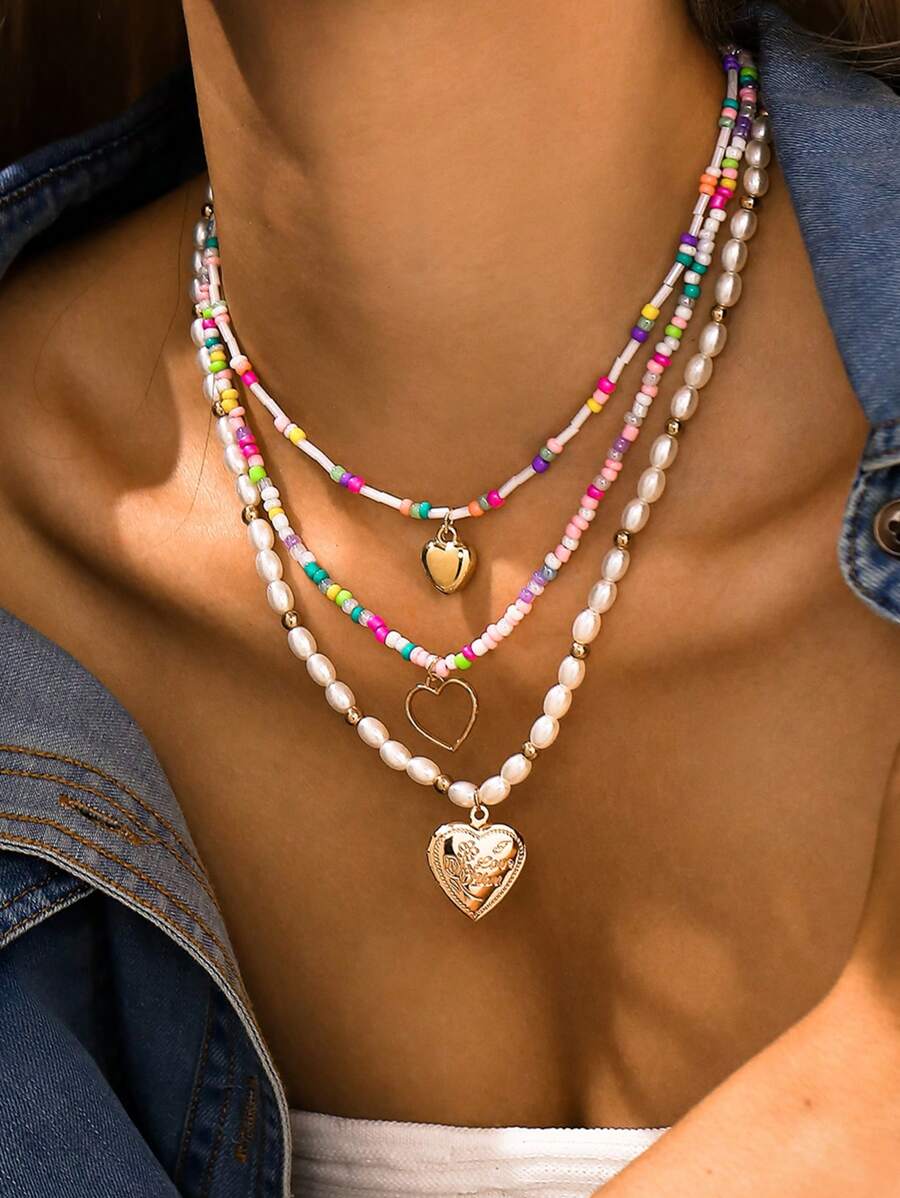 NAIZHU 2/3 bucăți breloc cu medalion inimă la modă, colier cu pandantiv cu flori emailat decorat cu margele colorate și perle artificiale, colier choker cu mai multe straturi pentru femei