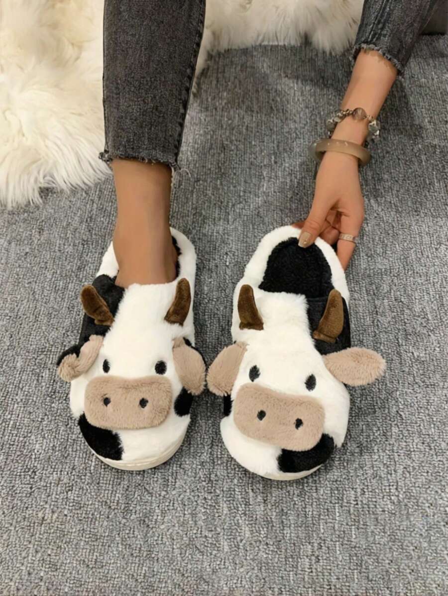 Pantuflas cálidas para el hogar de estilo de vaca para otoño e invierno, zapatos planos de suela blanda con forro de peluche, pantuflas antideslizantes para mujeres en el dormitorio