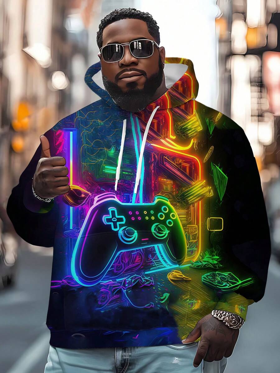 Plus Size Men 3D Game Console Graphic Drawstring Hooded Sweatshirt, Casual Autumn