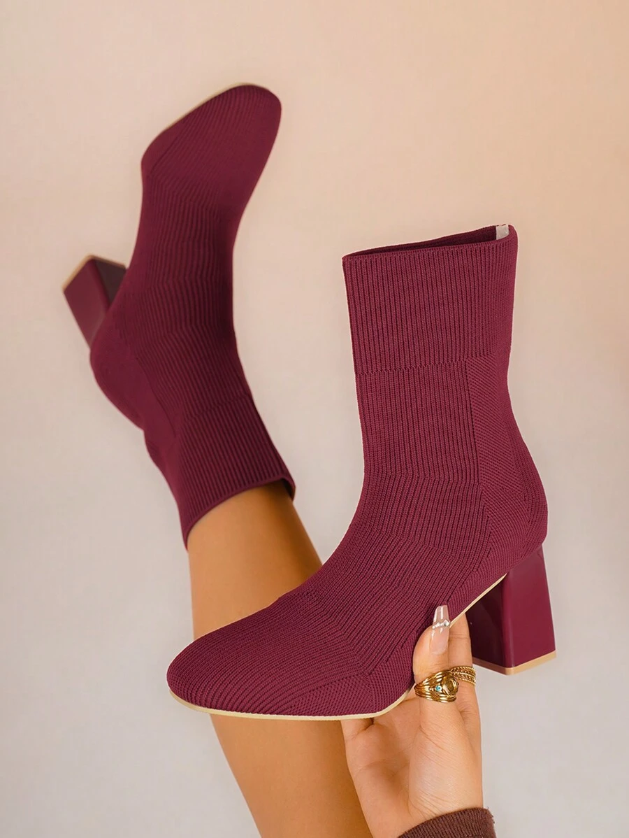 New Elegant Women Party/Holiday Season Knitted Burgundy Mid-Calf High Heel Boots, Breathable Nude High Fashion Shoes, Comfortable Wear, Spring/Summer/Autumn/Winter,Match Leggings