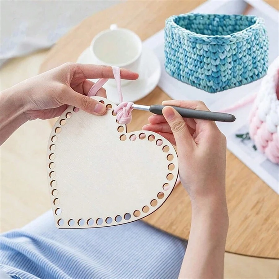 2pcs/Set Natural DIY Heart-Shaped Woven Wooden Basket, Crochet Crafting Background Wooden Base