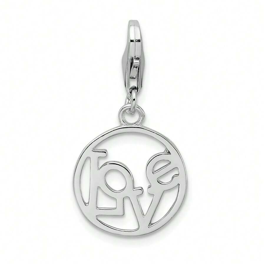 Sterling Silver Rhodium-Plated Polished LOVE In Open Circle Charm Pendant With Fancy Lobster Clasp