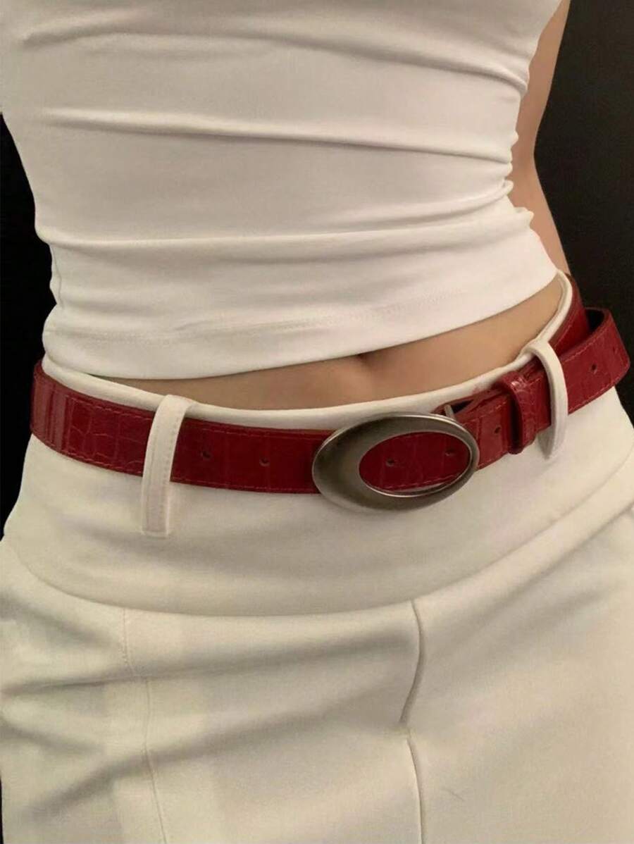 Cinturón de cuero con textura de cocodrilo estilo vintage Y2K para mujer, rojo, accesorio moderno, nuevo diseño 2024 para verano, escuela, otoño, Halloween