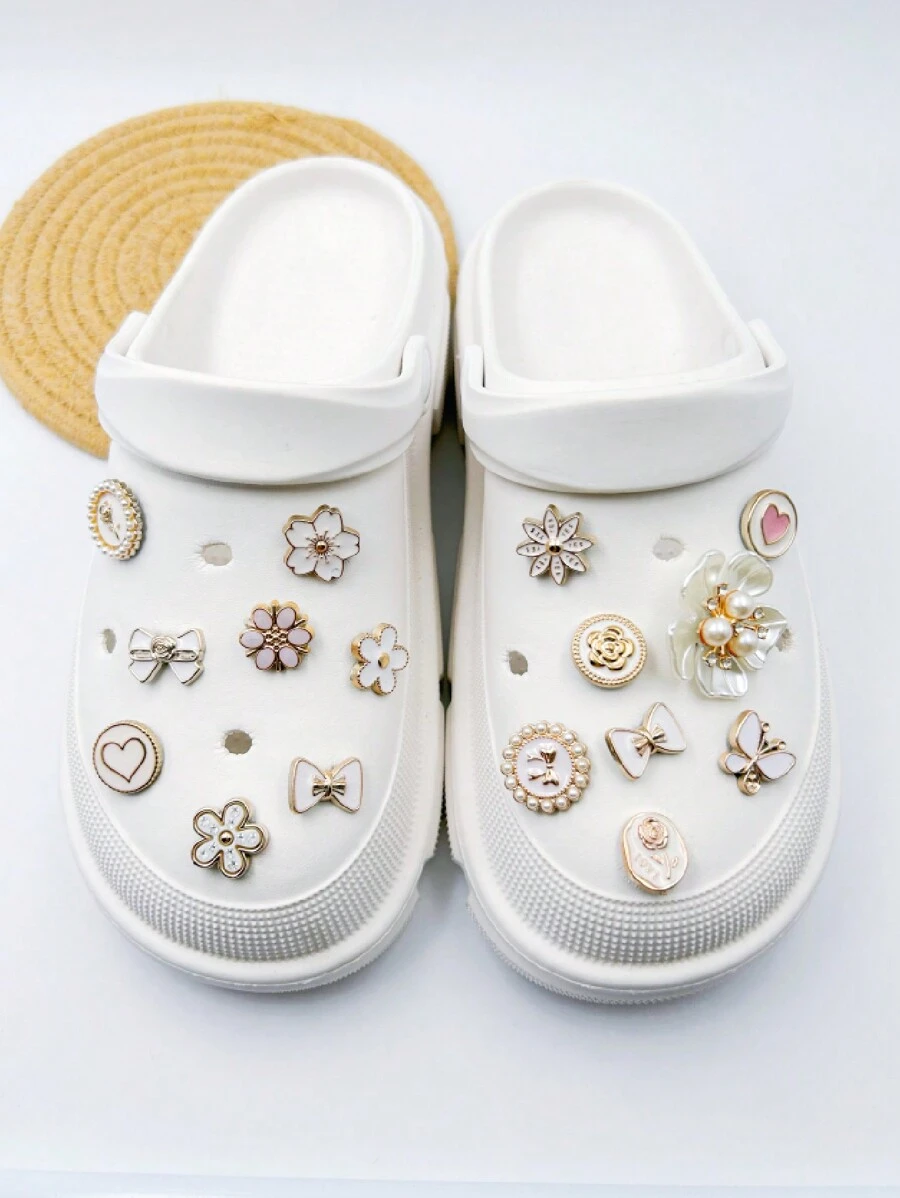 16pcs Set White Inlaid Pearl Flower Butterfly Heart Shoe Decorations, Suitable For Crocs Resin Shoes Accessories, Wristbands, Slippers, DIY Crafts (Non-Integrated Buckle)