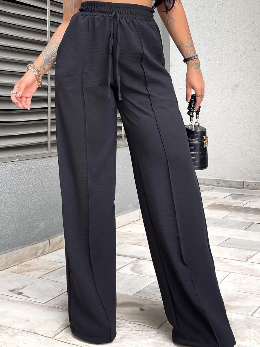 Calça Feminina Pantalona Com Bolso Cintura Alta Elástico na Cintura