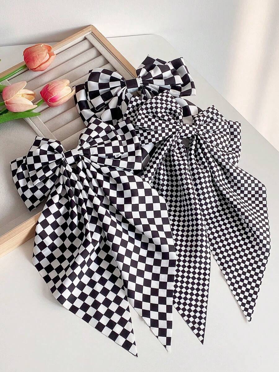 1pc Kids' Black & White Checkerboard Spring Clip Bow Hairclip Checkerboard Big Bowknot Hair Accessory