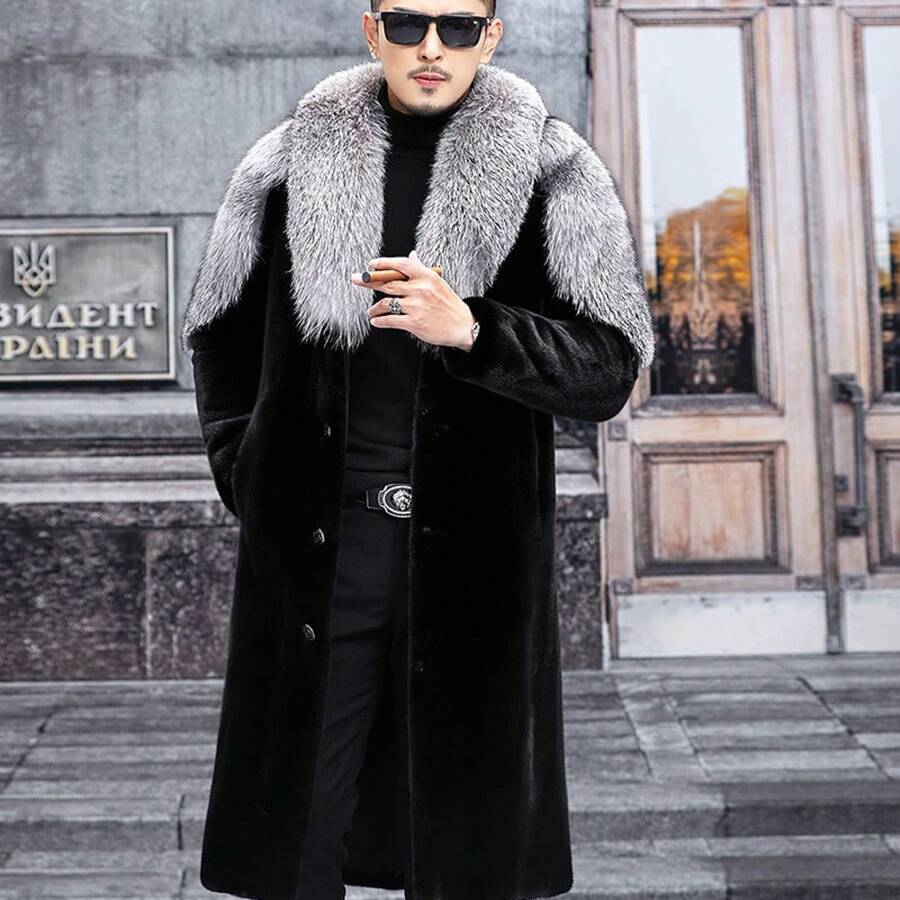 Casaco de pele sintética masculino, sobretudo longo e leve casual com gola grossa de pele de raposa prateada, design de marca de moda de luxo