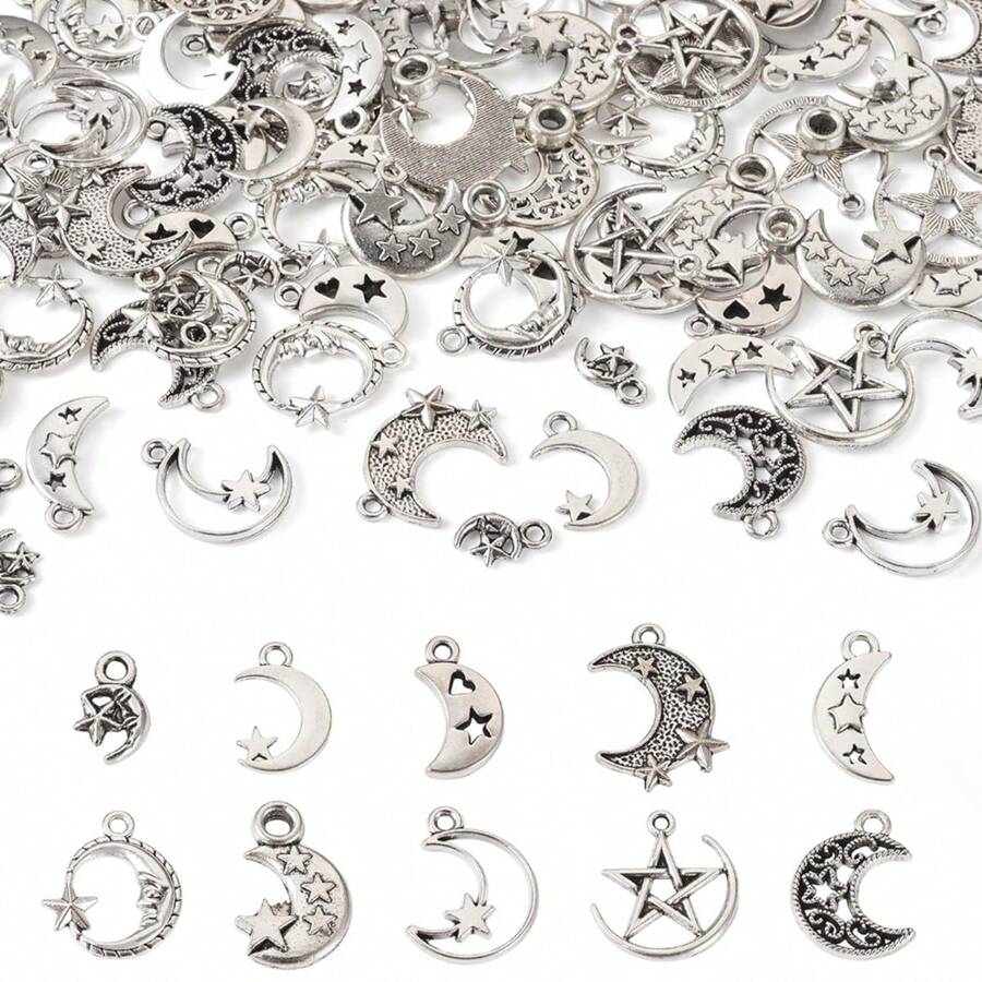 20/50 PCS Charms style lune Lune en argent antique avec pendentifs en alliage étoile pour DIY collier bracelet boucle d'oreille bijoux (mélangé au hasard)