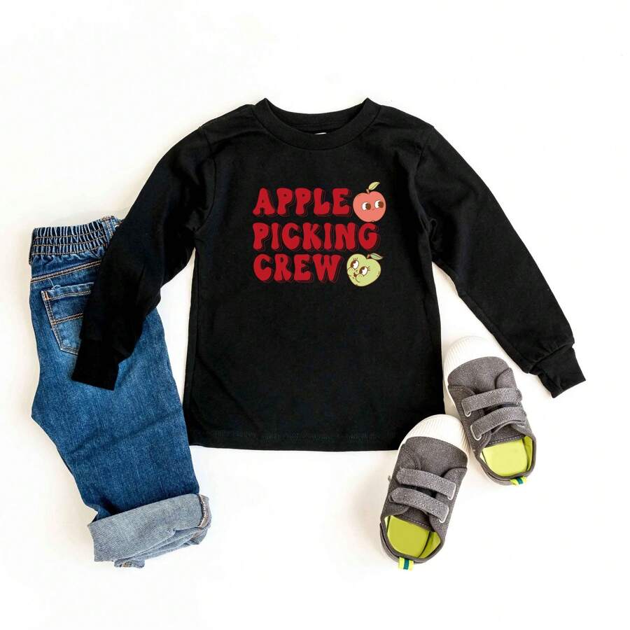 Cartoon Apple Picking Crew | Youth Graphic Long Sleeve Tee