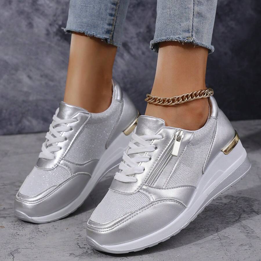 Women's Casual Round Toe Lace-Up Wedge Platform Sports Shoes, Soft Sole, Spring/Autumn