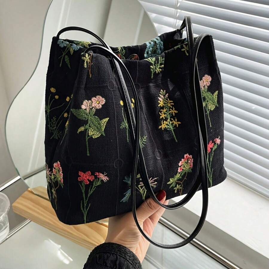 2024 Spring/Summer New Embroidery & Print Tote Bag For Women, Fashionable Large Capacity Canvas Shoulder & Crossbody Bucket Bag