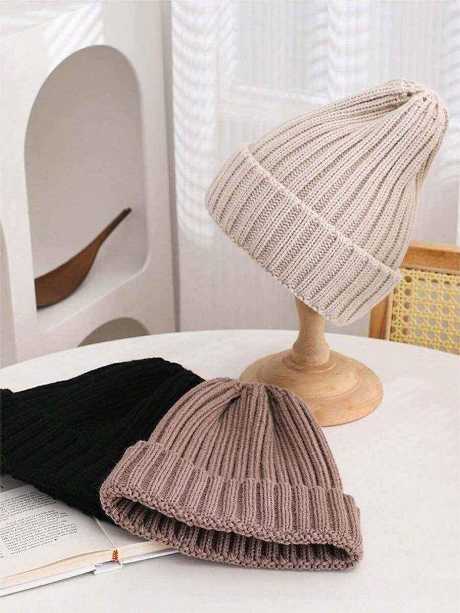 Winter Knit Beanie Caps, Unisex Elastic Acrylic Skullies, Breathable Plain Knitted Beanies With Turn-Up Cuff For All Seasons