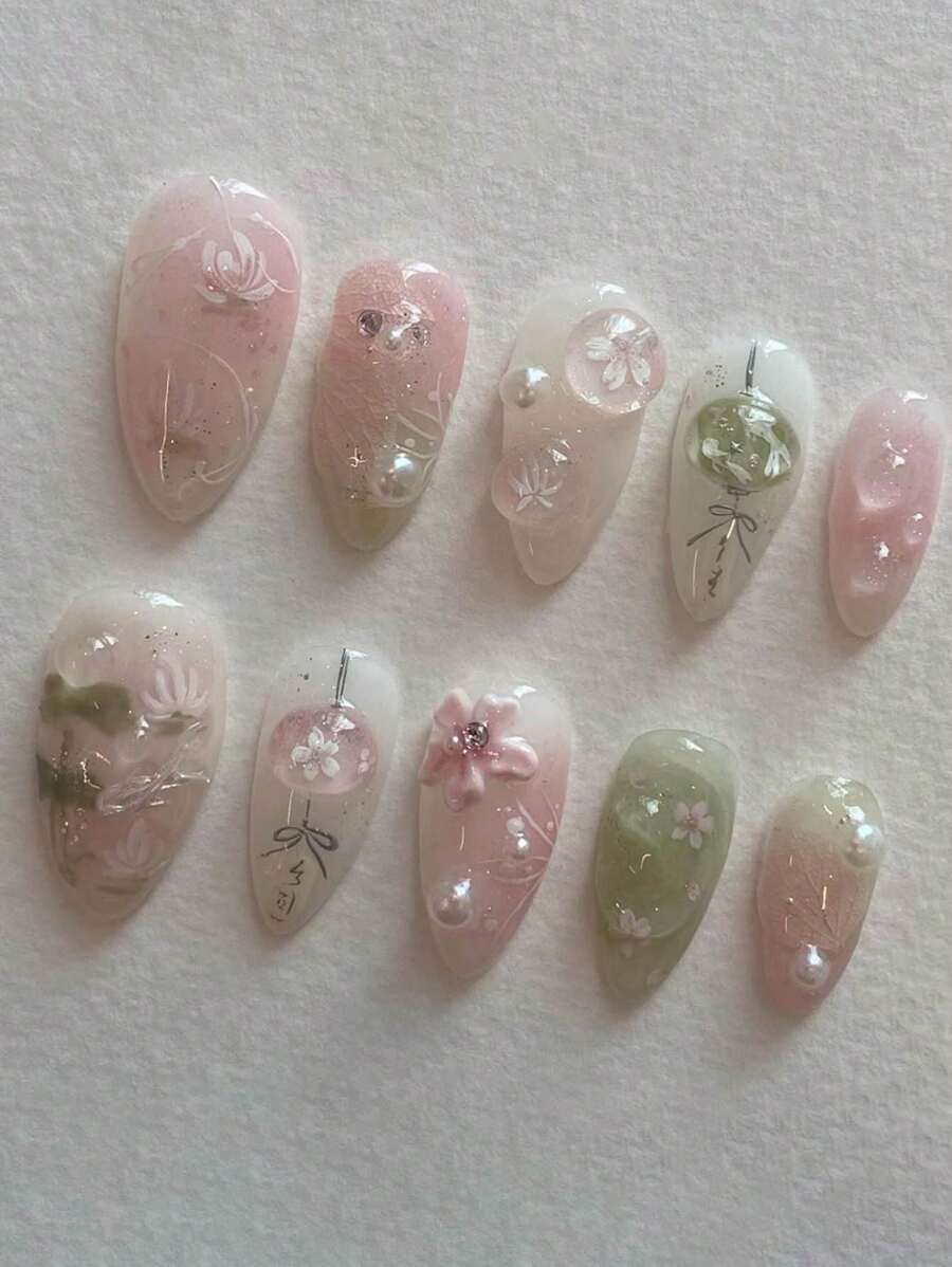 Juego de 10 piezas de puntas de uñas hechas a mano con perlas, diseño 3D de flores y loto fresco, ultra delgadas sin residuo, creación de un aspecto dulce y brillante de uñas postizas.