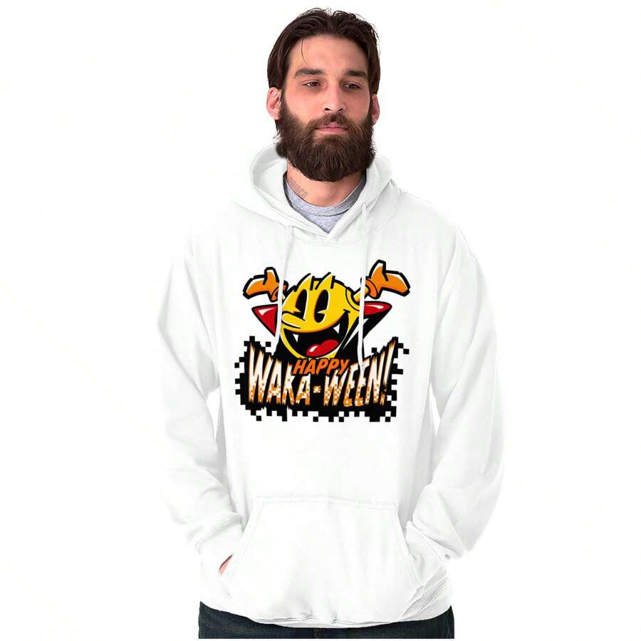PacMan Graphic Fleece Lined Pullover Hoodie Vintage Arcade Game Happy Waka Ween Halloween Vampire Trick Or Treat Slogan Casual Everyday Cotton Printed Thermal Lined Drawstring Hooded Sweatshirt Kangaroo Pocket Brisco Brands