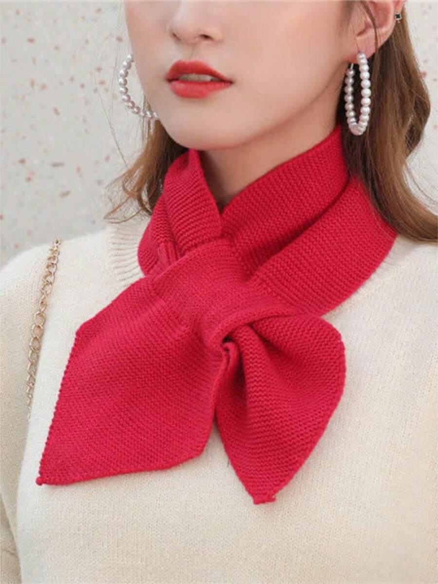 Minimalist Solid Color Knit Cross Scarf Stylish Versatile Warm Neck Scarf Autumn Winter Coldproof Elastic Scarf