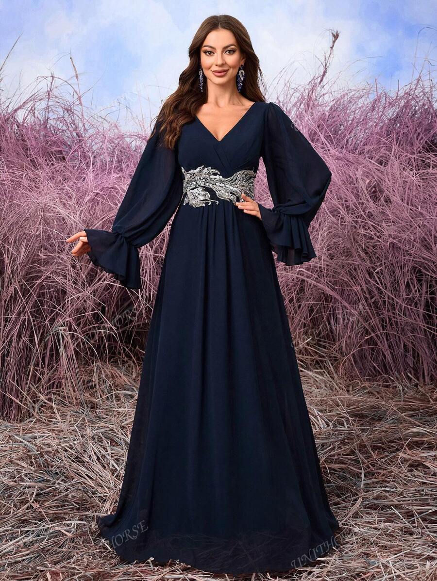 UNITHORSE Ruffle & Sequins Embroidery Decor Chiffon Lantern Sleeve Elegant A-Line Bridesmaid Dress