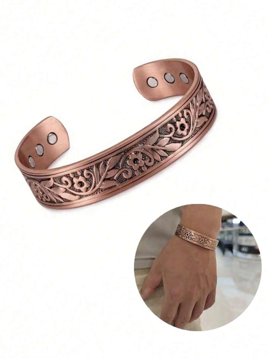1pc Vintage Carved Pattern Magnetic Copper Bangle, Adjustable Fit For Men And Women, Magnetic For Promoting Blood Circulation, Ideal Gift For Holidays And Daily Wear