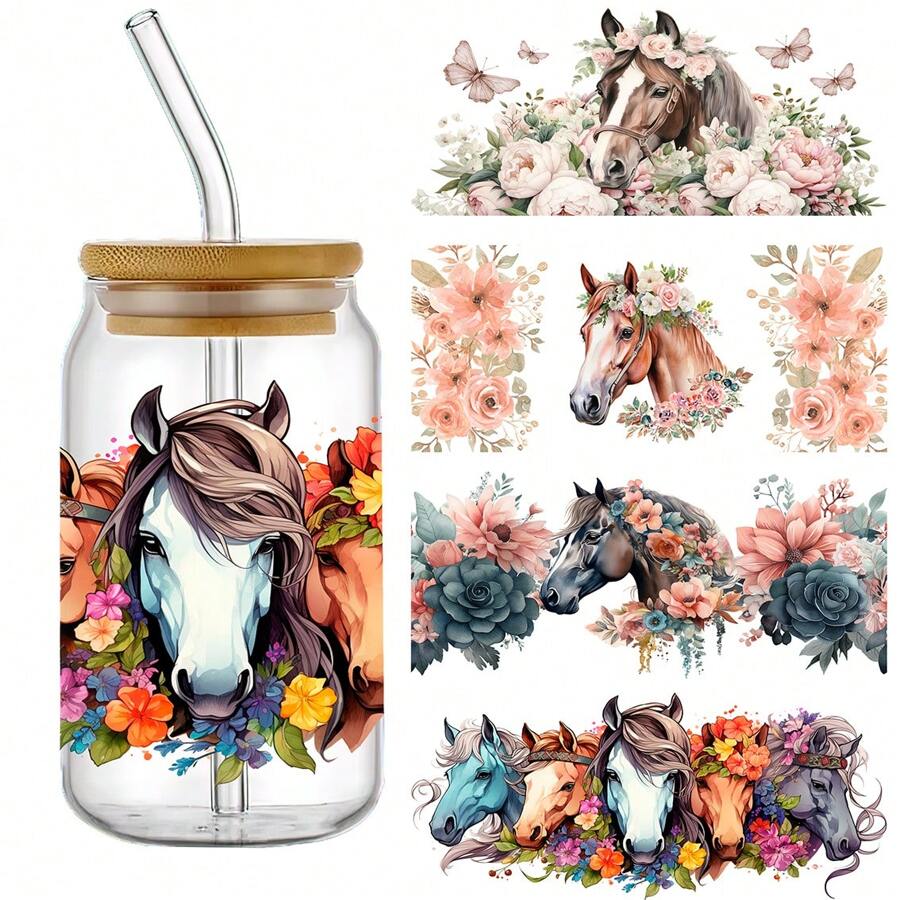 4 pakketten Paard en Bloemen UV DTF Beker Decal Transfer Waterdichte Zelfklevende Stickers Voor Tumblers, Waterflessen, Woondecoratie - DTF Transfer Stickers Voor 16 Oz Glazen Pot Verpakking, 3D Kristallen Etiketten Krasbestendig, Modieuze DIY Decal Ambachten Voor Vrouwen - Hoge Kwaliteit, Kunststof Materiaal (4.33x9.45 Inch)