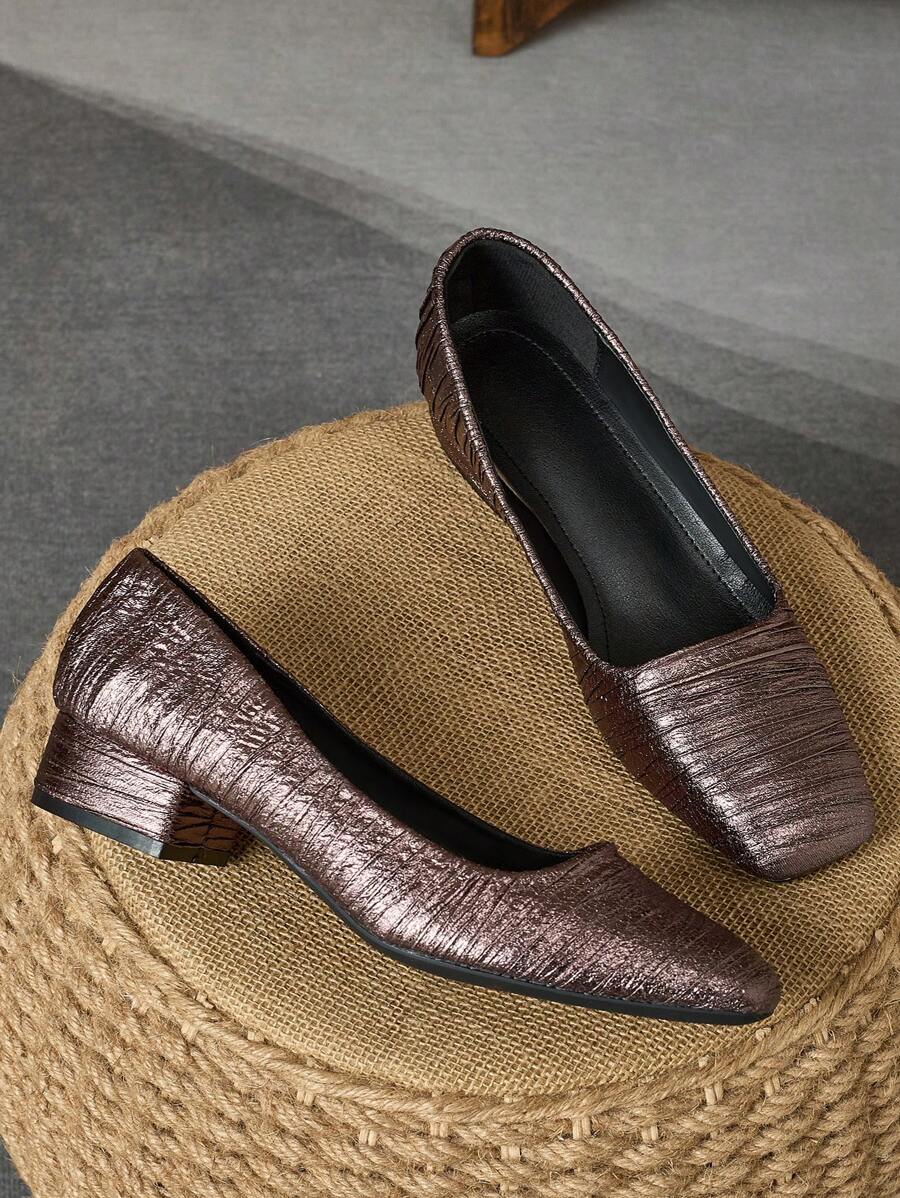 Women's Fashion Square Toe Low Vamp 3cm Heel Pump Shoe, Outdoor Street Casual Vintage Mocha Brown Versatile Stylish Sneaker