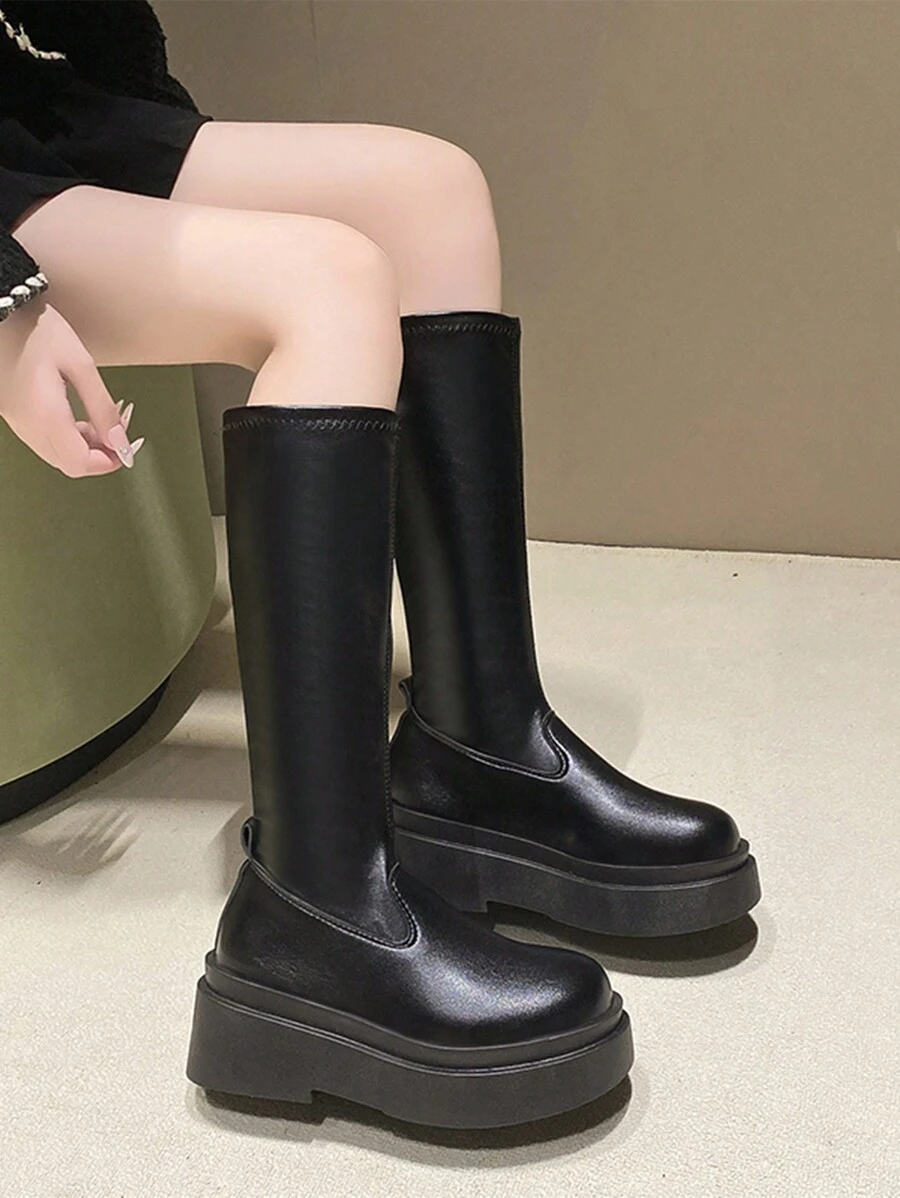 New Platform Slip-On Over The Knee Boots For Women, Chunky Heeled, Flattering, Round Toe, Comfortable, Fashionable Riding Boots