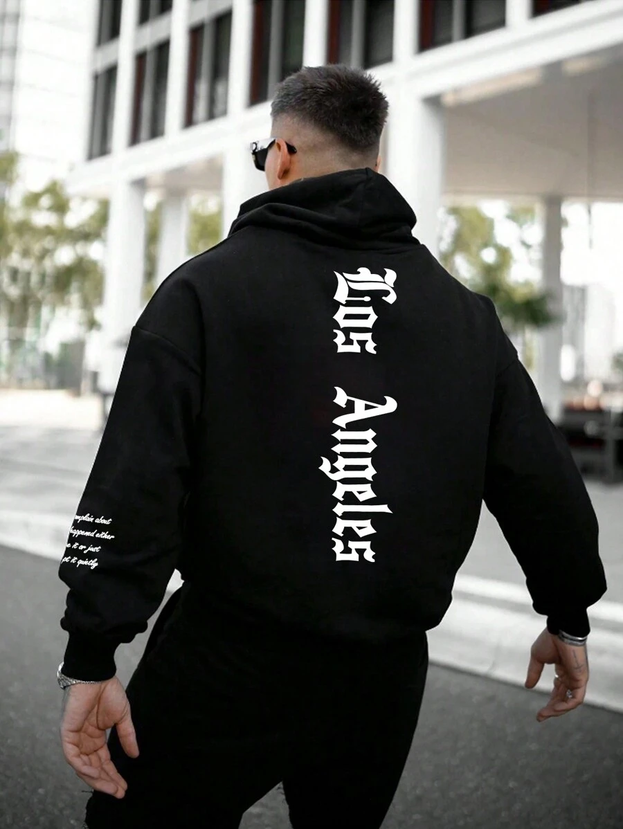 Plus Size Men Los Angeles Slogan & Letter Print Casual Trendy Ściągana bluza z kapturem