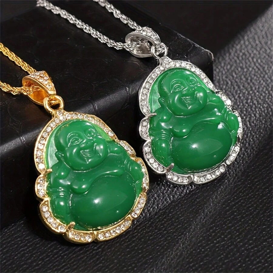 SeuSuk Colar clássico minimalista com pingente de Buda em pedra verde natural com zircônia, presente para homens e mulheres