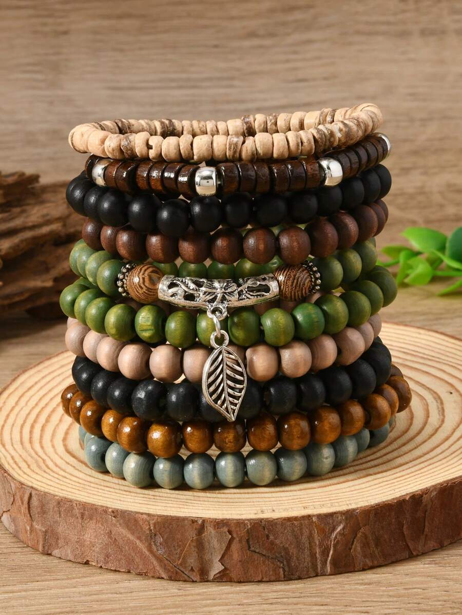 10pcs Bohemian Style Handmade Wood Beaded Bracelets, Couples Bracelet Gift Set