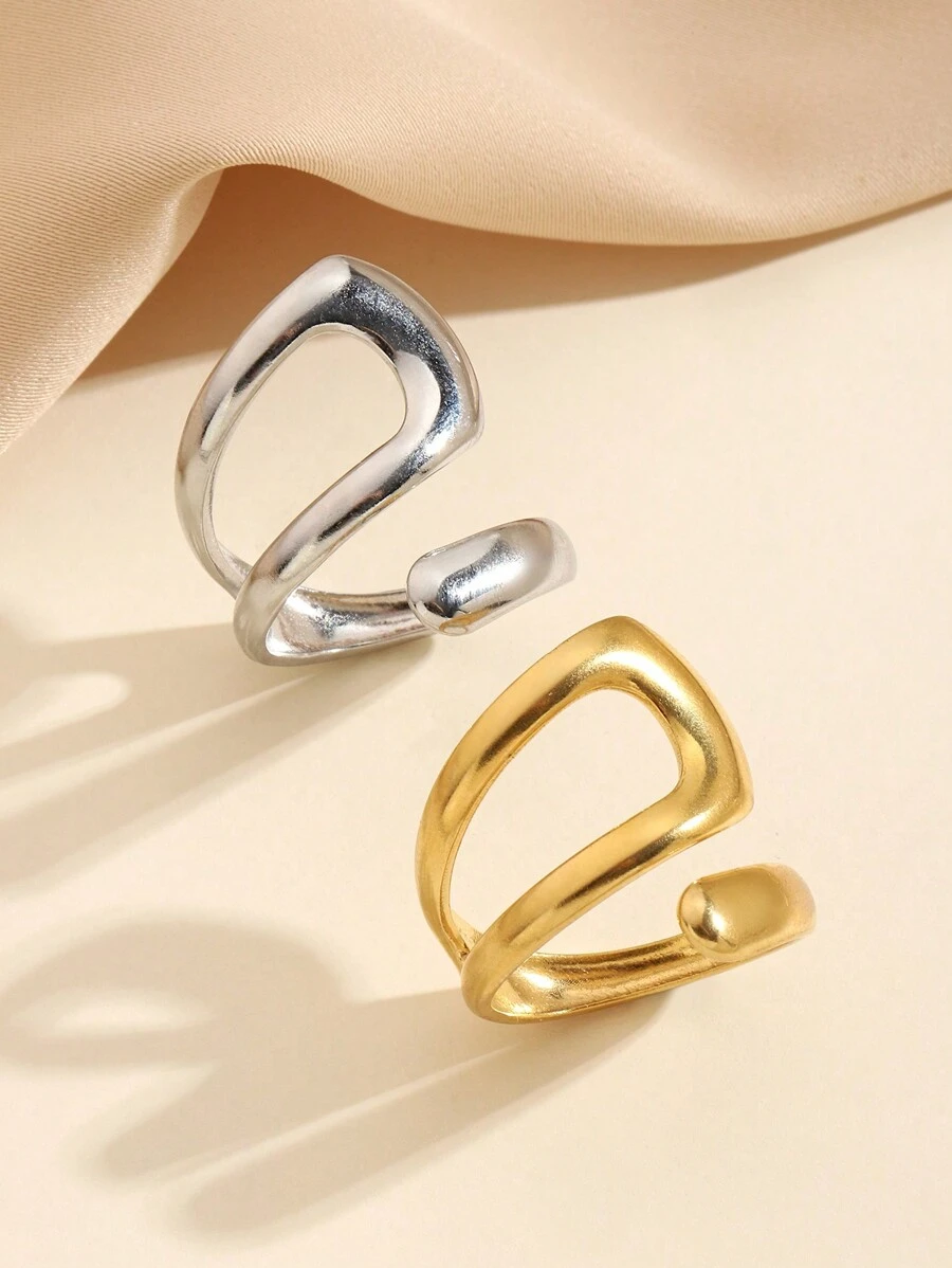 Conjunto de 2 anéis abertos vazados em aço inoxidável, elegantes, simples, dourados e prateados, adequados para mulheres usarem diariamente ou presentearem