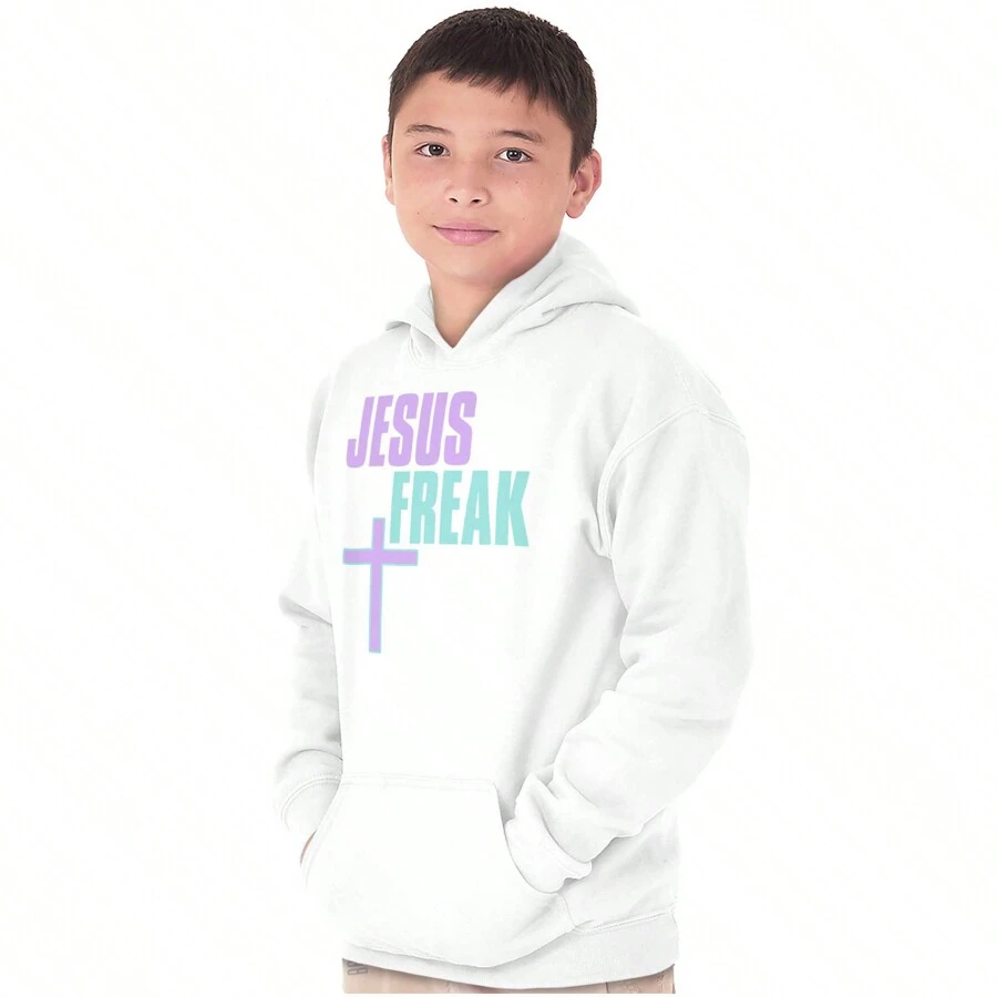 Christian Youth Graphic Fleece Lined Pullover Hoodie Spiritual Faith Saying Holy Worship Quote Jesus Freak Cross Slogan Tween Casual Everyday Cotton Printed Thermal Lined Drawstring Hooded Sweatshirt Kangaroo Pocket Kids Clothes Brisco Brands