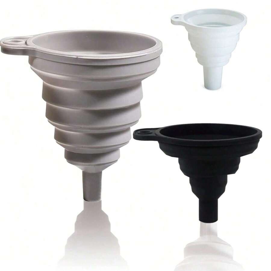 Juego de 3 embudos de cocina, S/M/L, accesorios de cocina, embudos plegables de silicona para rellenar botellas de agua, transferencia de líquidos/polvos, embudos para rellenar botellas, embudo de silicona plegable para frascos, embudo grande plegable para enlatado para botes de boca ancha y regular (Negro+Blanco+Gris)